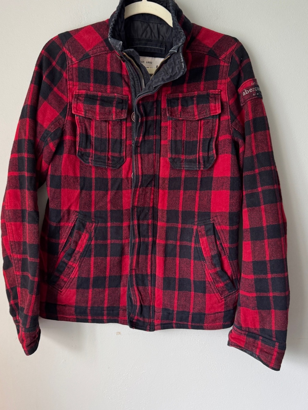 Abercrombie & Fitch Red and Black Plaid Pea Coat